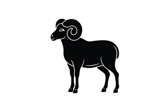 A black silhouette of a ram with curved horns on a white background