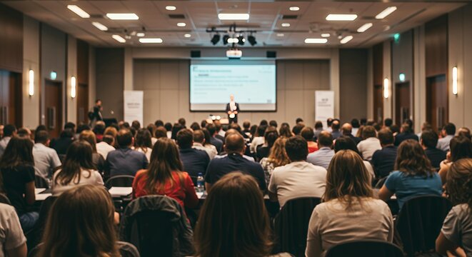 Corporate business conference with keynote speaker presenting to large professional audience in modern convention center auditorium