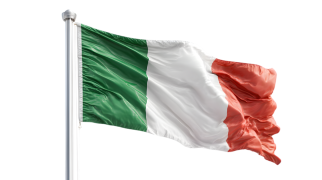 A close up of the italian flag waving in the wind against a black background on a silver flagpole