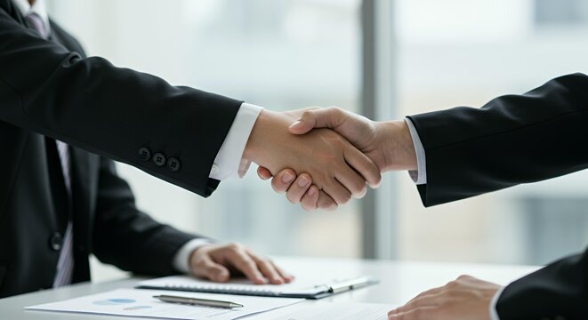 Corporate business handshake agreement between executives with contract documents and pen on professional office desk