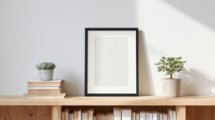 Fototapeta premium Framed Artwork With Succulents On Wooden Shelf. Minimalist Home Decor And Interior Design
