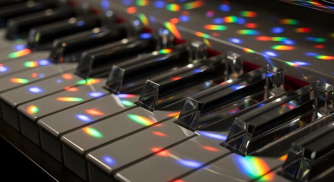 "Abstract shot of crystal piano keyboard with prism light effects"