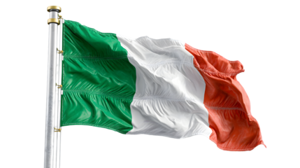 A waving italian flag on a silver pole with a clear sky background showing the colors green white and red