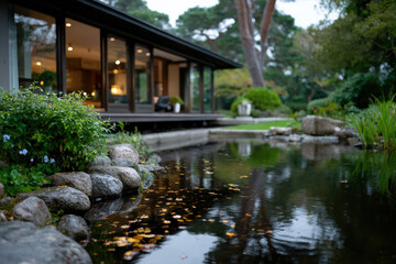 A modern house with large windows reflects beautifully on a tranquil pond, surrounded by a serene garden, creating a picturesque scene of contemporary living with nature.