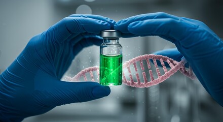 Two hands in blue medical gloves protecting DNA vial sample with double helix structure in biotechnology laboratory research setting