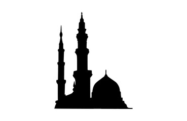 Elegant silhouette of the Prophet's Mosque in Medina, showcasing Islamic architecture with minarets and dome against a clean background for Ramadan designs