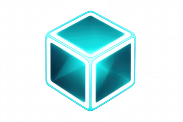 Light blue geometric cube spinning, digital rendering showcasing technological innovation against transparent backdrop