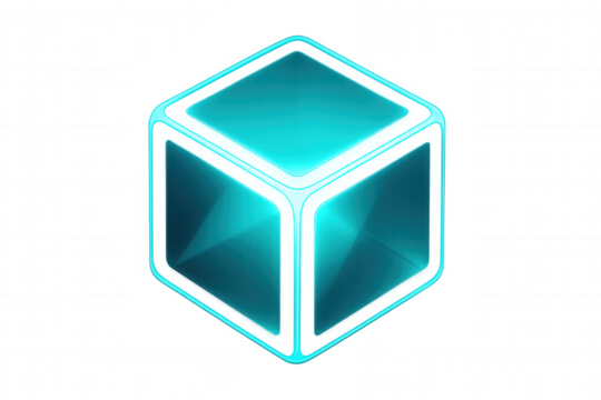 Light blue geometric cube spinning, digital rendering showcasing technological innovation against transparent backdrop - Powered by Adobe