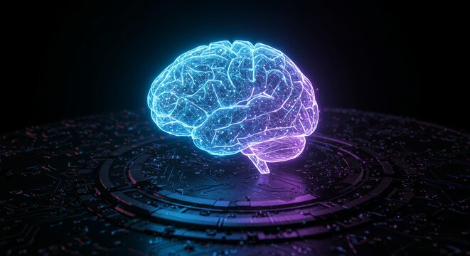 Futuristic holographic brain with neural network connections floating above digital circuit board platform in cyberpunk style with blue purple neon lighting