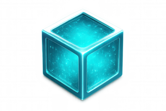Futuristic transparent cube radiating vibrant blue energy, ideal for technology or sci-fi projects