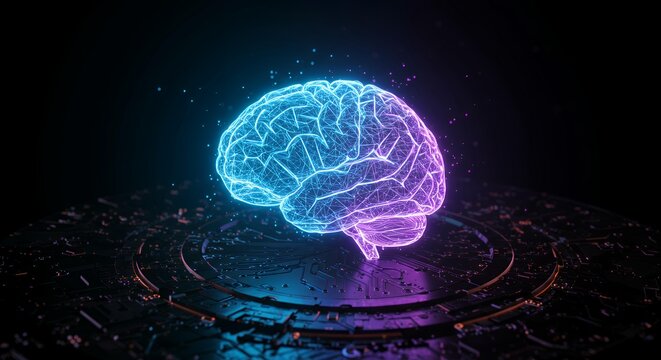 Glowing wireframe brain hologram with particle effects on futuristic digital platform showcasing artificial intelligence and neurotechnology concepts in blue purple theme - Powered by Adobe