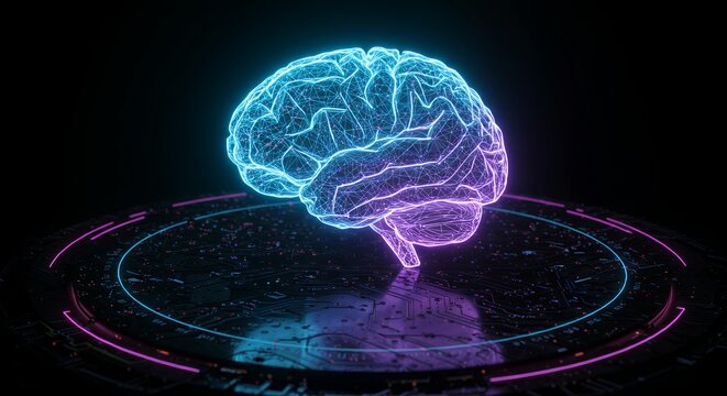 Digital brain hologram with geometric neural pathways floating on illuminated circular tech platform in futuristic laboratory setting with neon accent lighting