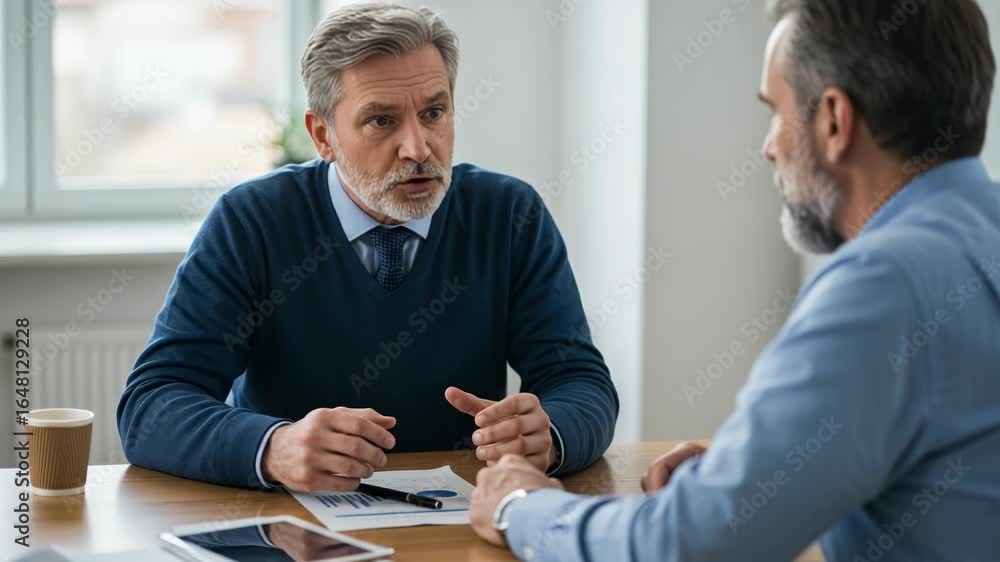 Poster two businessmen in a meeting, discussing a report and gesturing while collaborating on a business st