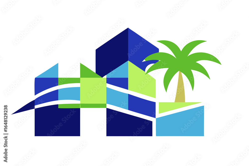 Poster modern geometric abstract design representing buildings and a palm tree on a black background