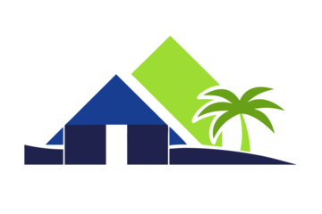 Abstract geometric representation of a tropical island resort with a palm tree and stylized structures