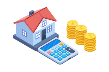 Calculating the cost of home ownership with a calculator and stacks of gold coins
