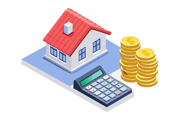 Conceptual illustration of a house calculator and stacks of coins representing real estate finance and investment