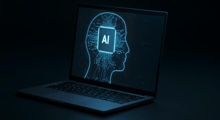 Glowing artificial intelligence brain silhouette with AI chip and circuit pathways on dark laptop screen representing machine learning neural network technology