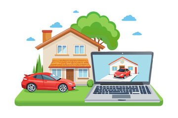 Naklejka premium Online car purchase and home financing concept with a house and car displayed on a laptop screen