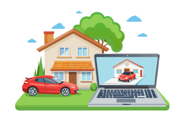 Online car purchase and home financing concept with a house and car displayed on a laptop screen