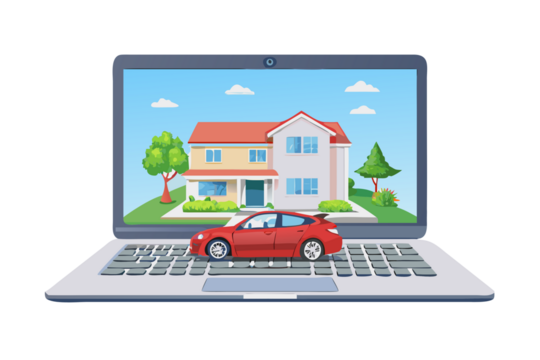 Digital real estate and automotive browsing on a laptop screen with a car and house illustration