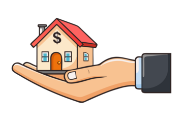 Hand holding a small house with a dollar sign on the front representing real estate investment