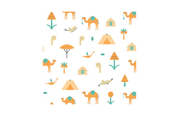 Charming desert caravan scene featuring camels, tents, and palm trees in a playful, modern flat design style perfect for travel or cultural themes.