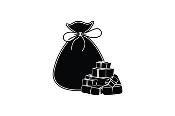 A black money bag with a ribbon tied around it and gold coins silhouette