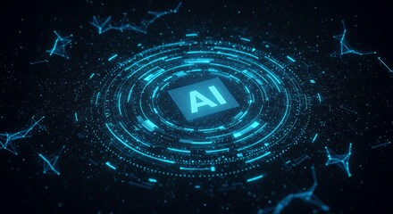 Futuristic AI artificial intelligence concept with glowing blue holographic interface and neural network patterns on dark digital background