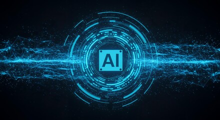 Advanced AI artificial intelligence logo with circular holographic interface and interconnected data streams in cyan blue technology design