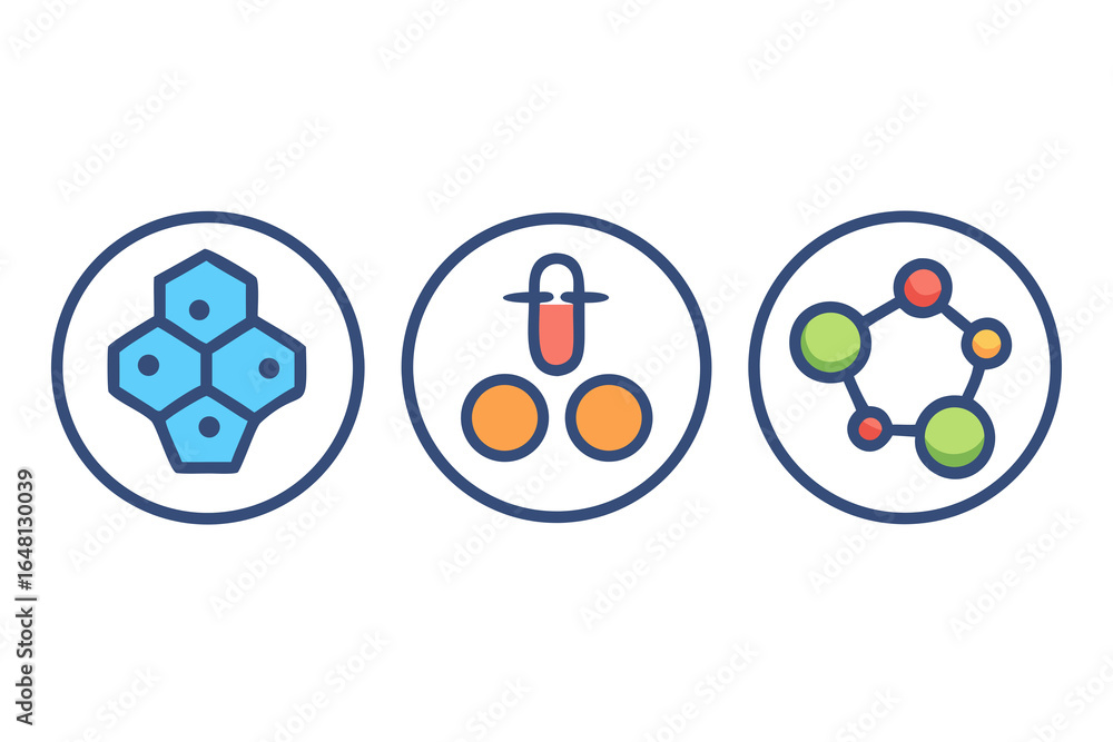 Poster three glowing circular icons representing gaming controls and a molecular structure on a black backg