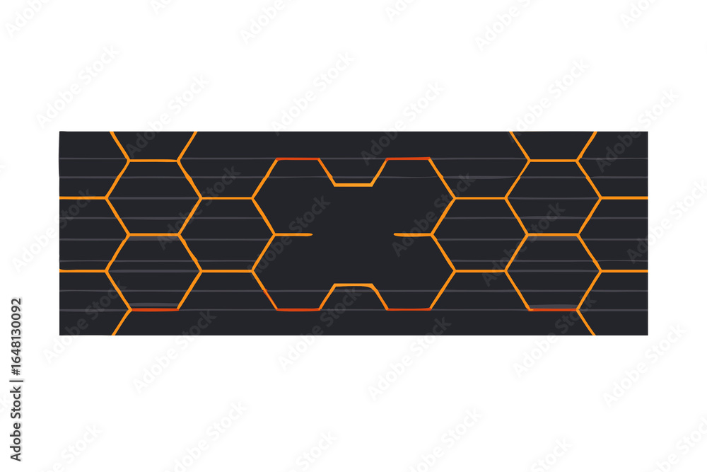 Poster abstract dark background with glowing orange hexagonal geometric pattern and horizontal lines