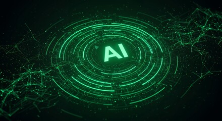 Glowing green AI artificial intelligence symbol with concentric circles and network mesh on black technology background
