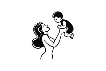 Mother holding and lifting her happy little child in the air with love silhouette