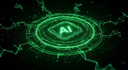 AI microprocessor chip with green holographic display and digital network connections in futuristic technology design