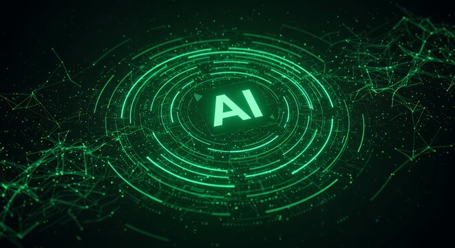 Glowing green AI artificial intelligence symbol with concentric circles and network mesh on black technology background