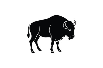 A black silhouette of a bison standing on a plain white background