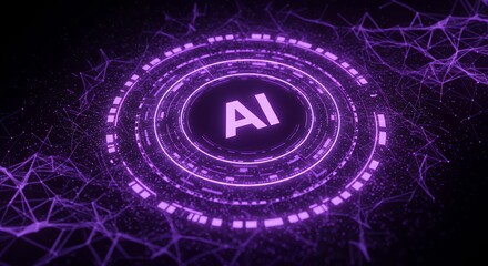 Sophisticated AI hologram interface with purple geometric rings and distributed network connections for artificial intelligence branding