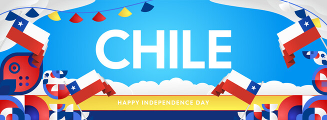 Horizontal Chile Independence Day template with national flag, geometric ornaments, and festive colors. Ideal for banners, posters, web header, promotions, and event campaigns. Happy national day