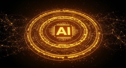 AI artificial intelligence chip with glowing golden circular HUD interface and data visualization elements on cosmic background