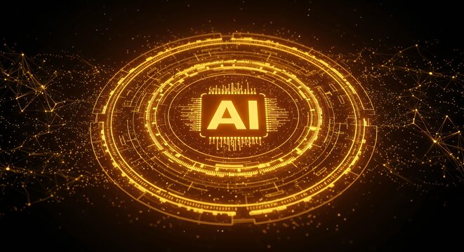 AI artificial intelligence chip with glowing golden circular HUD interface and data visualization elements on cosmic background