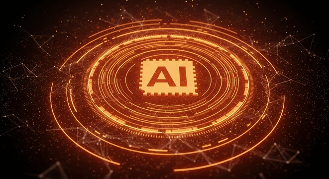 Futuristic AI artificial intelligence holographic interface with glowing orange circuits and digital network connections technology concept