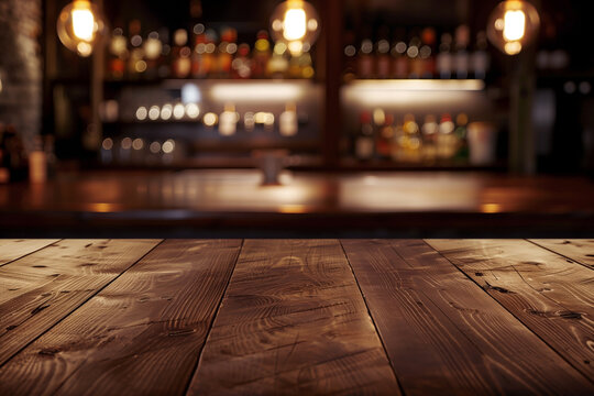 Rustic wooden table foregrounds a softly lit bar backdrop, creating a warm inviting atmosphere for gatherings and relaxing evenings.