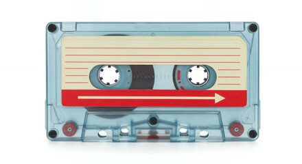 Naklejka premium Clear plastic cassette tape with red directional arrow and magnetic tape reels visible through transparent housing for vintage audio concept