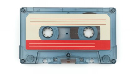 Fototapeta premium Retro cassette tape with cream colored label and red stripe showing internal magnetic tape mechanism on transparent blue plastic case