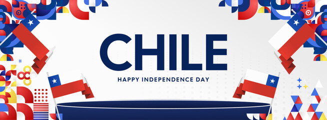 Horizontal Chile Independence Day template with national flag, geometric ornaments, and festive colors. Ideal for banners, posters, web header, promotions, and event campaigns. Happy national day