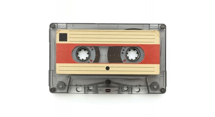 Fototapeta premium Classic cassette tape with yellow cream label and red stripe showing magnetic tape mechanism through clear plastic housing