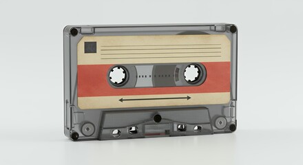 Fototapeta premium Gray transparent cassette tape with beige label and red stripe featuring visible tape reels and analog recording mechanism