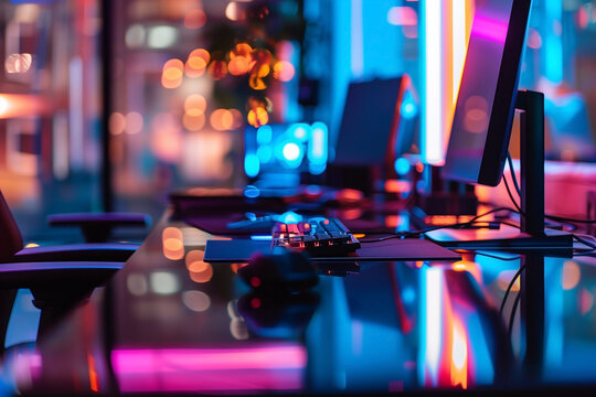 Illuminated Desk Setup: A modern computer setup featuring vibrant neon lighting, a sleek keyboard, and dual monitors, perfect for gaming.