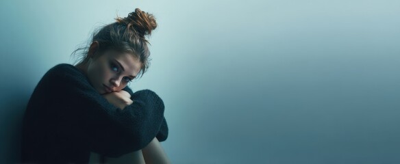 [The contemplative woman seated against a soft blue backdrop in moody studio lighting]